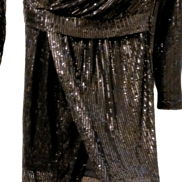 TICKLED TEAL Sequins Wrap Dress Sz S BLACK V-neck V Front Shiny Cocktail Party - Picture 11 of 16
